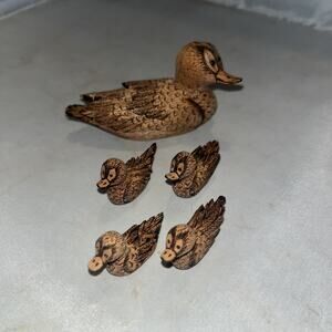 Miniature Mother and Baby Ducks Family Carved Detailed Signed KC 1988